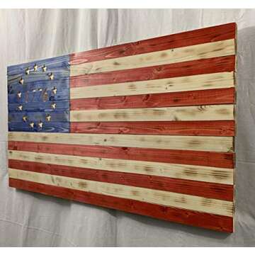 Flags Forever Betsy Ross Handmade Wooden American 1776 Flag with 13 Carved Stars, Home Decor Patriotic Wooden Flag, Door Hanging Decorations Wall Art, Indoor & Outdoor Rustic American Flag
