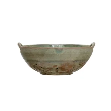 Creative Co-Op Stoneware Berry Bowl with Handles - Aqua Reactive Glaze - 8.5"L x 7.75"W x 3.25"H