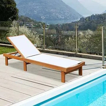 Tangkula Outdoor Wood Chaise Lounge Chair, Patio Chaise Lounger with 5 Position Adjustable Back, Eucalyptus Wood Reclining Lounge Chair with Breathable Fabric for Poolside Lawn Backyard (1, White)