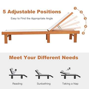 Tangkula Outdoor Wood Chaise Lounge Chair, Patio Chaise Lounger with 5 Position Adjustable Back, Eucalyptus Wood Reclining Lounge Chair with Breathable Fabric for Poolside Lawn Backyard (1, White)