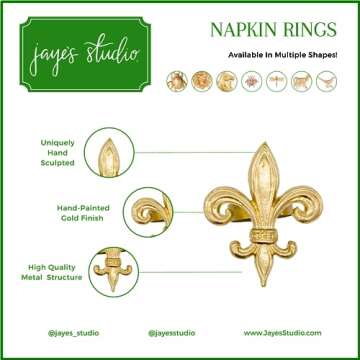 Jaye's Studio 3" x 3" Napkin Rings, Hand-Painted Gold Finish, Handcrafted Metal, Luxury Napkin Holder, 4-Pack of Napkin Rings (Fleur de Lis Design)