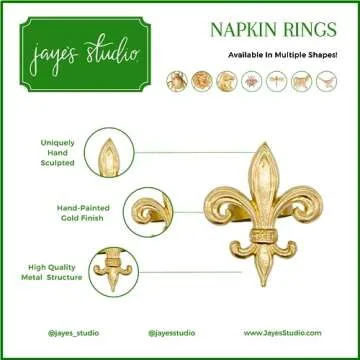 Jaye's Studio 3" x 3" Napkin Rings, Hand-Painted Gold Finish, Handcrafted Metal, Luxury Napkin Holder, 4-Pack of Napkin Rings (Fleur de Lis Design)