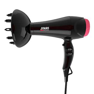 JINRI Professional 1875W AC Motor Negative Ionic Hair Dryer with 2 Speed and 3 Heat Settings Cool Shut Button,Powerful,Lightweight,Blow Dryer JR-052I (Black（Multi）)