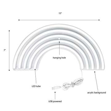 Isaac Jacobs 15” x 7.5” inch LED Neon ‘Multi-Colored Rainbow’ Wall Sign for Cool Light, Wall Art, Bedroom Decorations, Home Accessories, Party, and Holiday Décor: Powered by USB Wire (RAINBOW)