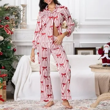 Faretumiya Women's Silk Satin Striped Pajama Set for Christmas