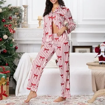 Faretumiya Women's Silk Satin Striped Pajama Set for Christmas