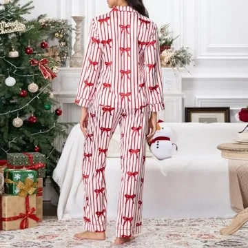 Faretumiya Women's Silk Satin Striped Pajama Set for Christmas
