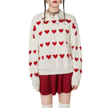 Floerns Cozy Heart Print Women's Winter Casual Sweater - Beige and Red