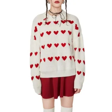 Floerns Cozy Heart Print Women's Winter Casual Sweater - Beige and Red