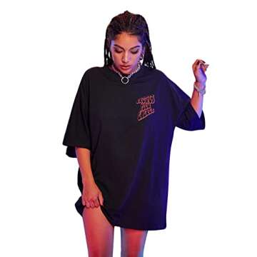 SweatyRocks Women's Short Sleeve Oversized Graphic Tees Round Neck Loose T-Shirt A Black L