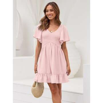 LILLUSORY Women's Flowy Casual Mini Dresses 2025 Summer Smocked V Neck Flutter Sleeve Graduation Dress with Pockets LightPink M