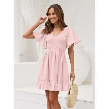 LILLUSORY Women's Flowy Casual Mini Dresses 2025 Summer Smocked V Neck Flutter Sleeve Graduation Dress with Pockets LightPink M