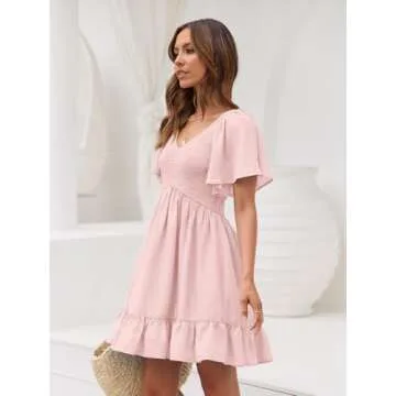 LILLUSORY Women's Flowy Casual Mini Dresses 2025 Summer Smocked V Neck Flutter Sleeve Graduation Dress with Pockets LightPink M