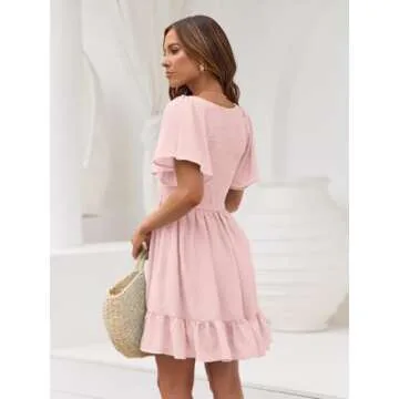 LILLUSORY Women's Flowy Casual Mini Dresses 2025 Summer Smocked V Neck Flutter Sleeve Graduation Dress with Pockets LightPink M