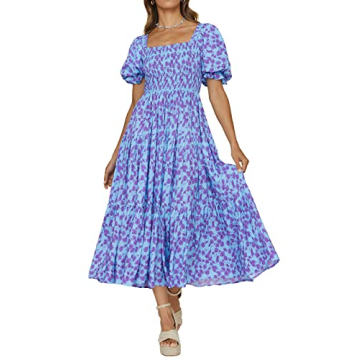 PRETTYGARDEN Women's Summer Puff Sleeve Floral Maxi Dress Square Neck Smocked Boho Flowy A Line Casu...
