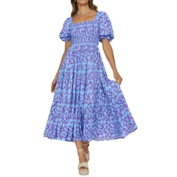 PRETTYGARDEN Women's Summer Puff Sleeve Floral Maxi Dress Square Neck Smocked Boho Flowy A Line Casu...