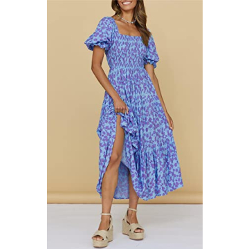 PRETTYGARDEN Women's Summer Puff Sleeve Floral Maxi Dress Square Neck Smocked Boho Flowy A Line Casual Beach Long Dresses (Floral Light Blue and Purple,Large)
