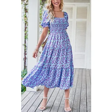 PRETTYGARDEN Women's Summer Puff Sleeve Floral Maxi Dress Square Neck Smocked Boho Flowy A Line Casual Beach Long Dresses (Floral Light Blue and Purple,Large)