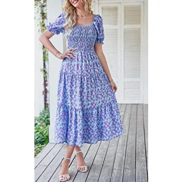 PRETTYGARDEN Women's Summer Puff Sleeve Floral Maxi Dress Square Neck Smocked Boho Flowy A Line Casual Beach Long Dresses (Floral Light Blue and Purple,Large)