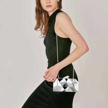 Women Geometric Lattice Pattern Metal Evening Bag Bridal Prom Crossbody Bag Party Clutch Wedding Purse with Chain (Silver)