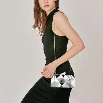 Women Geometric Lattice Pattern Metal Evening Bag Bridal Prom Crossbody Bag Party Clutch Wedding Purse with Chain (Silver)