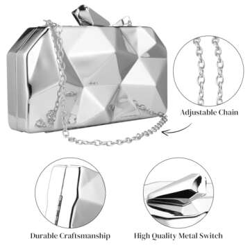 Women Geometric Lattice Pattern Metal Evening Bag Bridal Prom Crossbody Bag Party Clutch Wedding Purse with Chain (Silver)