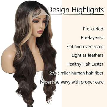 Honey Blonde Ombre Synthetic Lace Front Wig Synthetic Wigs For Black Women Pre Plucked Body Wave Highlight Brown Lace Front Wig Glueless Heat Resistant Curly Wavy Wig Natural Hairline Hair 26 Inch