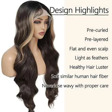 Honey Blonde Ombre Synthetic Lace Front Wig Synthetic Wigs For Black Women Pre Plucked Body Wave Highlight Brown Lace Front Wig Glueless Heat Resistant Curly Wavy Wig Natural Hairline Hair 26 Inch