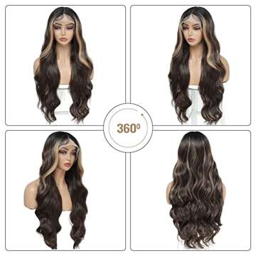 Honey Blonde Ombre Synthetic Lace Front Wig Synthetic Wigs For Black Women Pre Plucked Body Wave Highlight Brown Lace Front Wig Glueless Heat Resistant Curly Wavy Wig Natural Hairline Hair 26 Inch