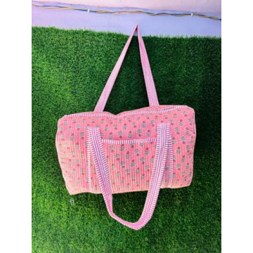 Generic Large Cotton Weekender Travel Bag, Handmade Quilted Fabric Duffle Bag, Block Printed Overnight Bags, Hand Luggage Bag, Bags for Women,, PINK, HC0123