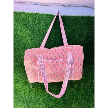 Generic Large Cotton Weekender Travel Bag, Handmade Quilted Fabric Duffle Bag, Block Printed Overnight Bags, Hand Luggage Bag, Bags for Women,, PINK, HC0123