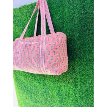 Generic Large Cotton Weekender Travel Bag, Handmade Quilted Fabric Duffle Bag, Block Printed Overnight Bags, Hand Luggage Bag, Bags for Women,, PINK, HC0123
