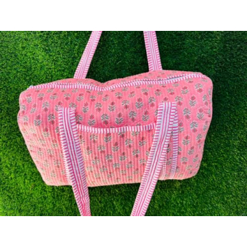 Generic Large Cotton Weekender Travel Bag, Handmade Quilted Fabric Duffle Bag, Block Printed Overnight Bags, Hand Luggage Bag, Bags for Women,, PINK, HC0123