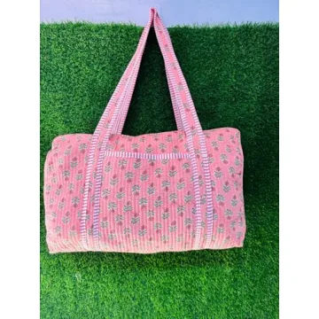 Generic Large Cotton Weekender Travel Bag, Handmade Quilted Fabric Duffle Bag, Block Printed Overnight Bags, Hand Luggage Bag, Bags for Women,, PINK, HC0123