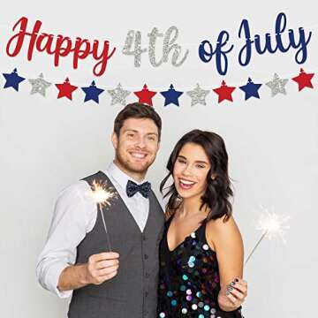 Pre-strung Happy 4th of July Banner - No DIY - Red & Blue with Silver Glitter Fourth of July Banner - Pre-strung Garland on 8 ft Strands - Independence Day Party Decorations & Decor - No DIY