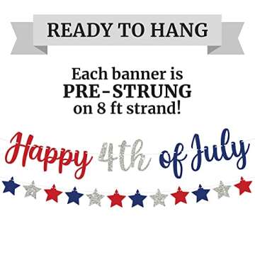 Pre-strung Happy 4th of July Banner - No DIY - Red & Blue with Silver Glitter Fourth of July Banner - Pre-strung Garland on 8 ft Strands - Independence Day Party Decorations & Decor - No DIY