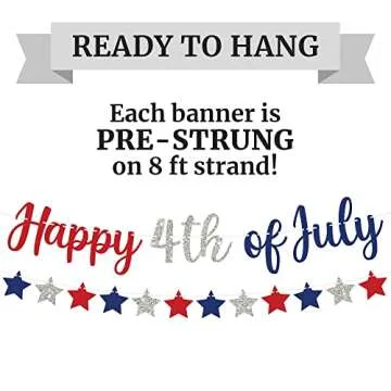 Pre-strung Happy 4th of July Banner - No DIY - Red & Blue with Silver Glitter Fourth of July Banner - Pre-strung Garland on 8 ft Strands - Independence Day Party Decorations & Decor - No DIY