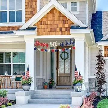 Pre-strung Happy 4th of July Banner - No DIY - Red & Blue with Silver Glitter Fourth of July Banner - Pre-strung Garland on 8 ft Strands - Independence Day Party Decorations & Decor - No DIY