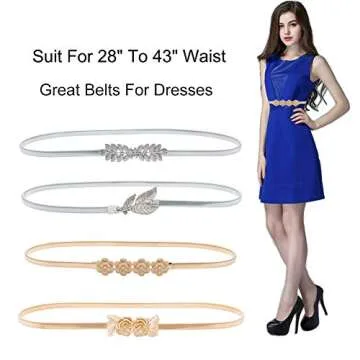 HaoPiDai Brand 4 Pack Metal Belts For Women Dress Gold and Sliver Skinny Luxury Elastic Waist Chain By Designer