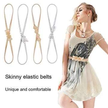 HaoPiDai Brand 4 Pack Metal Belts For Women Dress Gold and Sliver Skinny Luxury Elastic Waist Chain By Designer
