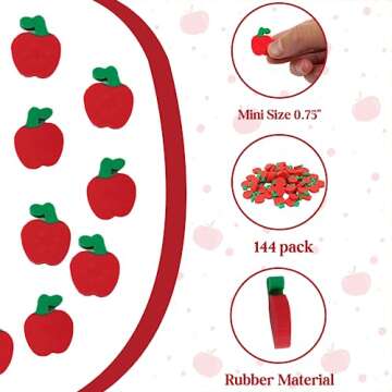 144 Mini Apple Erasers Mini Bulk Welcome Back to School Gifts for Students First Day of School, Teachers Classroom Supplies Stationary, Student Reward Prizes, Math Manipulatives Counters