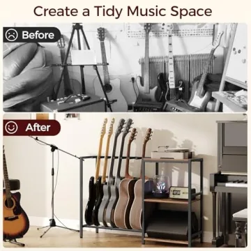 MAHANCRIS Guitar Stand, Guitar Holder for 5-7 String Instruments, Suitable for Acoustic Guitar, Bass, Guitar Rack with Side Shelves for Record Player, with Non-Slip Rubber Pads, Rustic Brown GSHR9701