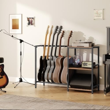 MAHANCRIS Guitar Stand, Guitar Holder for 5-7 String Instruments, Suitable for Acoustic Guitar, Bass, Guitar Rack with Side Shelves for Record Player, with Non-Slip Rubber Pads, Rustic Brown GSHR9701