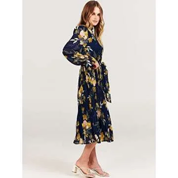 ANRABESS Women's Floral Midi Dress Puff Long Sleeve Casual Ruffle Chiffon A-Line Swing Pleated Belted Tea Party Dresses Floral Navy Small