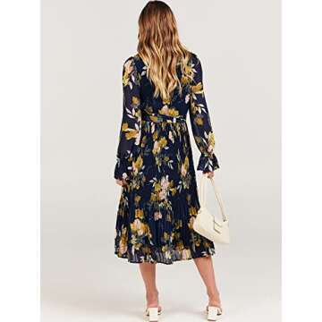 ANRABESS Women's Floral Midi Dress Puff Long Sleeve Casual Ruffle Chiffon A-Line Swing Pleated Belted Tea Party Dresses Floral Navy Small