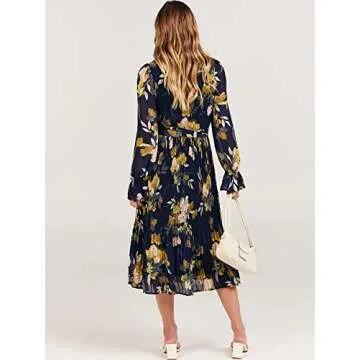ANRABESS Women's Floral Midi Dress Puff Long Sleeve Casual Ruffle Chiffon A-Line Swing Pleated Belted Tea Party Dresses Floral Navy Small