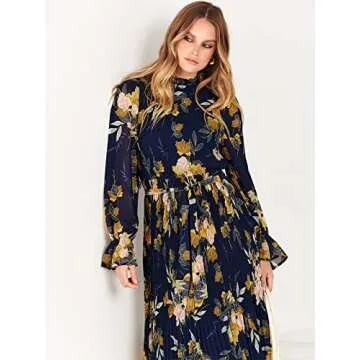 ANRABESS Women's Floral Midi Dress Puff Long Sleeve Casual Ruffle Chiffon A-Line Swing Pleated Belted Tea Party Dresses Floral Navy Small