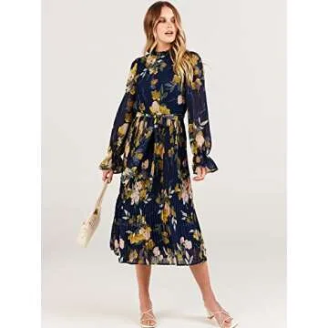 ANRABESS Women's Floral Midi Dress Puff Long Sleeve Casual Ruffle Chiffon A-Line Swing Pleated Belted Tea Party Dresses Floral Navy Small