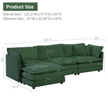 GNIXUU 111.5“ Modular Sectional Sofa, Comfy Chenille Cloud Couch with Movable Ottoman, L Shaped Sectional Couches for Living Room, Apartment, Office(Green)