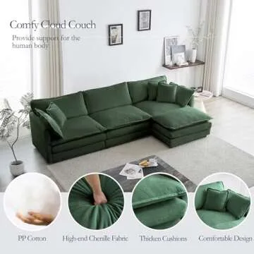 GNIXUU 111.5“ Modular Sectional Sofa, Comfy Chenille Cloud Couch with Movable Ottoman, L Shaped Sectional Couches for Living Room, Apartment, Office(Green)
